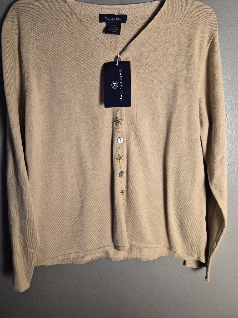 Eagle's Eye Women's Beige V-Neck Embellished Button Sweater